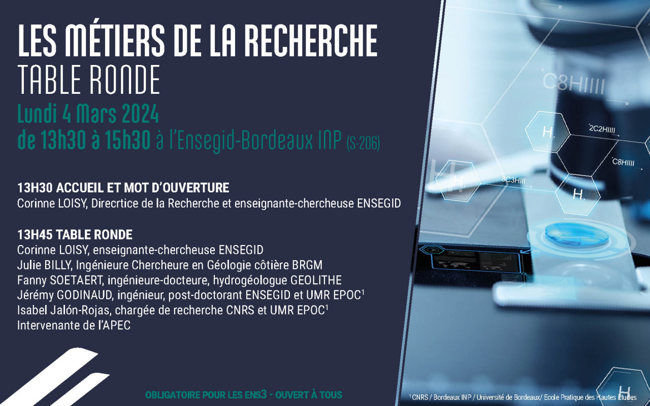 Table Ronde ENSEGID "les métiers de la recherche" lundi 4 mars 2024 Table Ronde ENSEGID "les métiers de la recherche" lundi 4 mars 2024